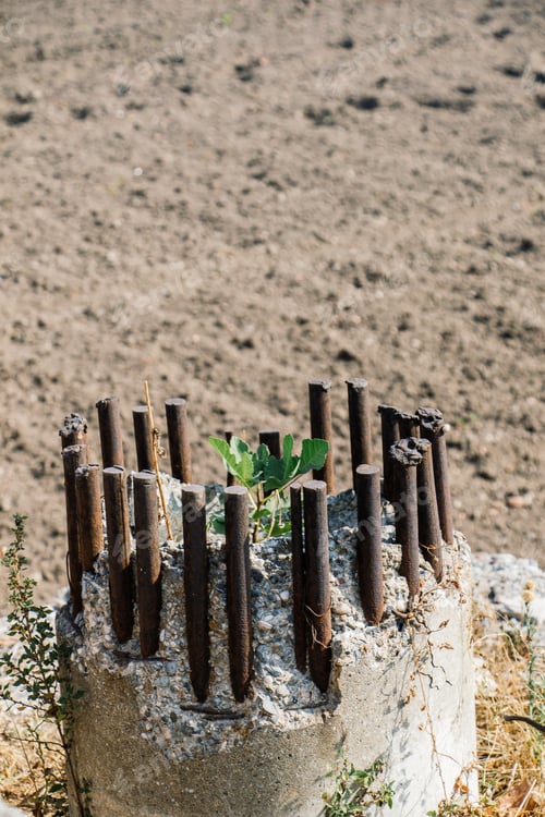 Preview: Vertical shot of a weathered concrete column with exposed iron bars against a blurry background