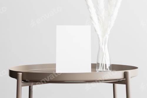 Preview: White invitation card mockup with a pampas on the beige table. 5x7 ratio, similar to A6, A5.