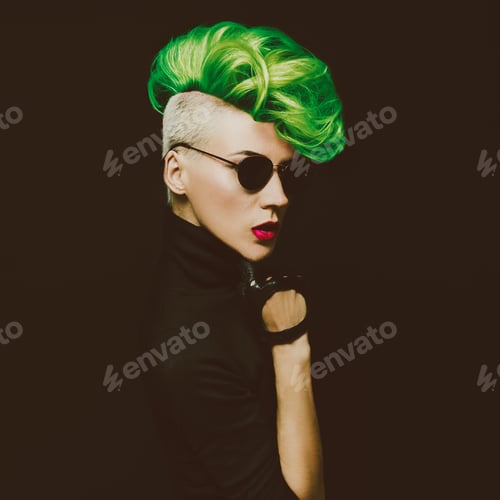 Preview: lady with fashionable haircut Colored hair on a black background