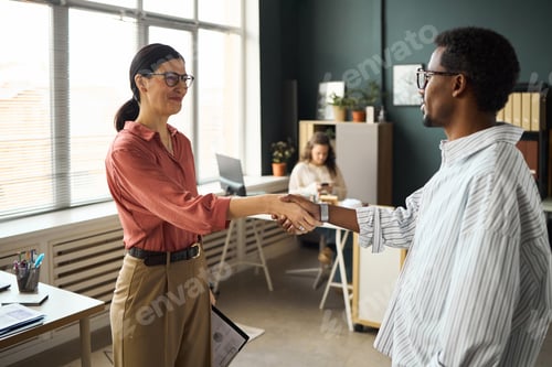 Preview: Caucasian Woman Shaking Hands with Black Young Adult Man