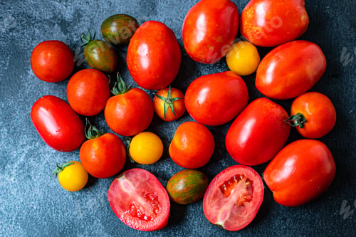 Preview: Tomato Fresh Ripe Vegetables For Salad, Harvest Meal On The Table Tasty Serving Size Portion Top