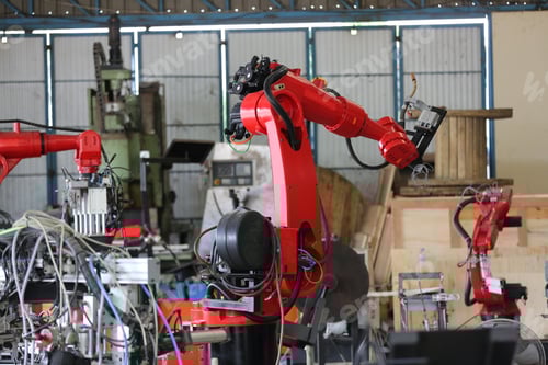 Preview: Robotics arm in the metal factory plant . it's the welding robotics units equipment.