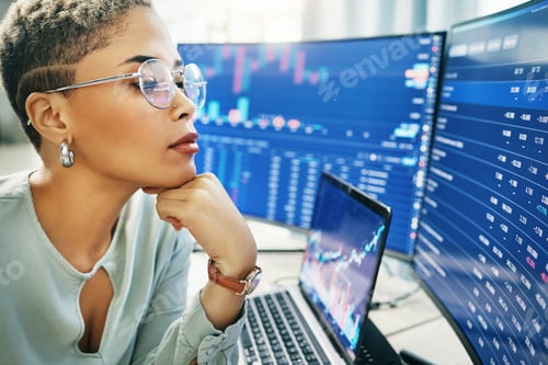 Preview: Business woman, laptop and thinking on stock market in fintech, trading or online finance at office