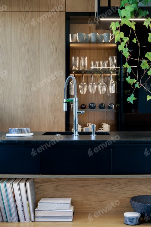Preview: Minimalistic modern wooden panel kitchen interior