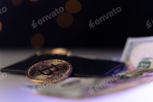 Preview: Golden coin with bitcoin symbol and dollar banknote