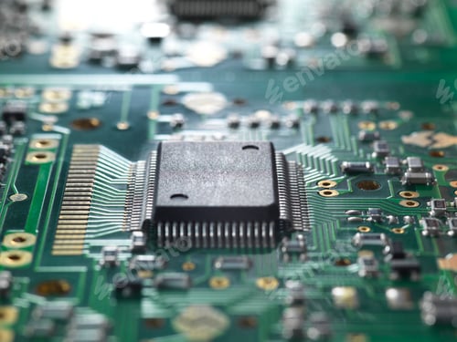 Preview: Electronic chip and components on a circuit board