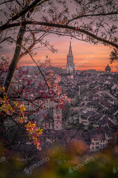 Preview: Vertical shot of the cityscape old town of Bern during a spring sunset, Switzerland