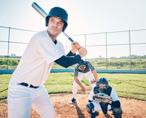 Preview: Sports, baseball and team on field in action ready to hit ball in game, practice and competition. F