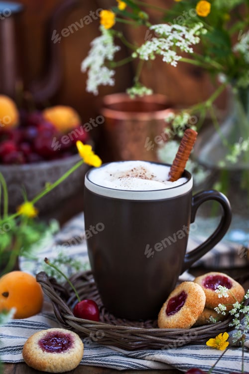 Preview: Cup of hot cappuccino coffee on summer rustic wooden background