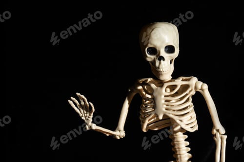 Preview: Human Skeleton waving greeting hand isolated on black background. Day of the Dead