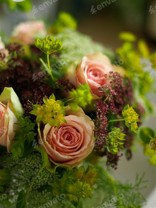 Preview: Close up of flower arrangement with pink roses and wildflowers