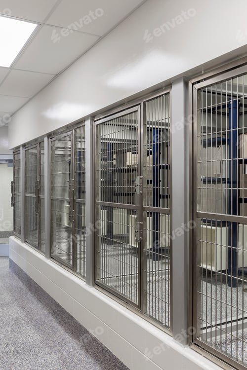 Preview: 54302,Metal doors of empty cages in animal shelter