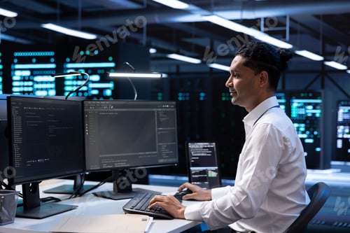 System administrator troubleshooting data center hardware