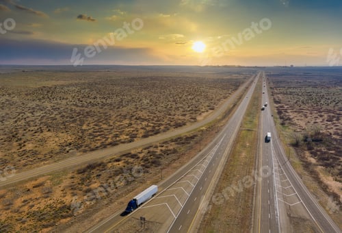 Preview: Panorama view of highway in America located west in desert environment near San Jon New Mexico USA