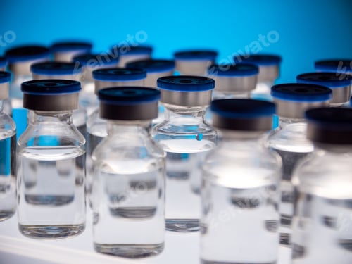 Preview: Group of Vaccine bottles. Medicine in ampoules. Glass vials for liquid samples in laboratory.