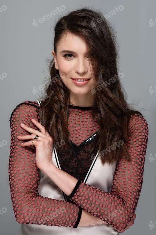 Preview: Fresh young fashion model with pink lips and natural makup