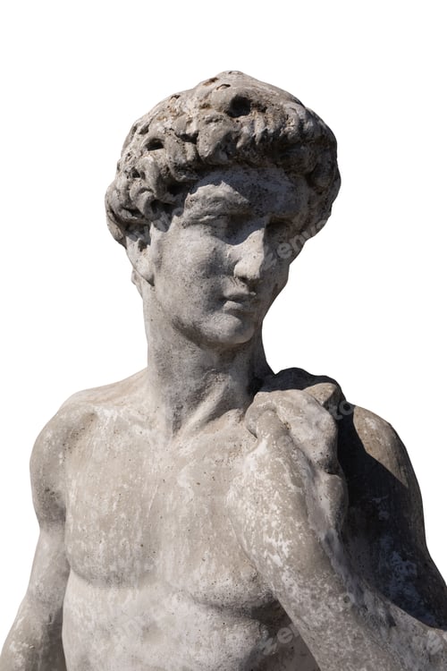 Preview: Close up of ancient stone sculpture of naked man on white background