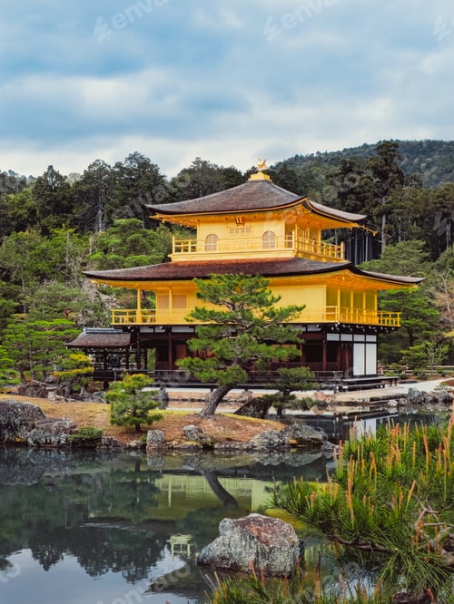 Preview: Lake Under The Mountain With A Yellow Temple