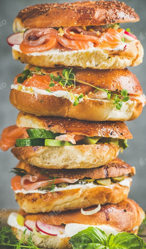Preview: Close-up of Bagels with salmon, eggs, vegetables, capers, cream-cheese, herbs