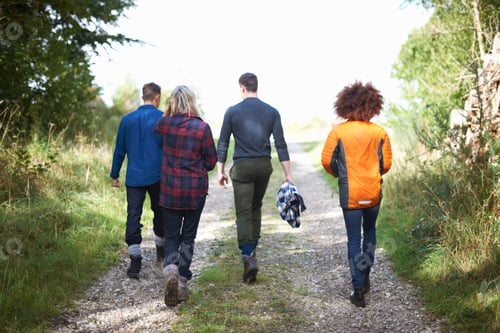 Preview: Rear view of friends walking on dirt track