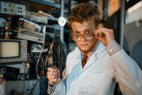 Preview: Strange engineer holds electric tube in laboratory