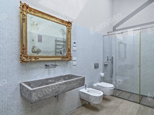 Preview: Modern Bathroom Interior with Ornate Mirror and Concrete Sink
