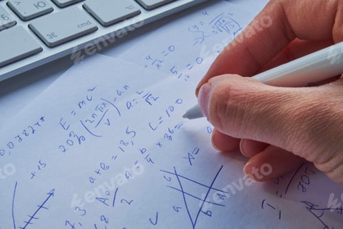 Preview: sheet of paper filled with calculations as a background.