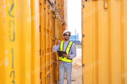Preview: Container yard worker checking container at container yard warehouse.