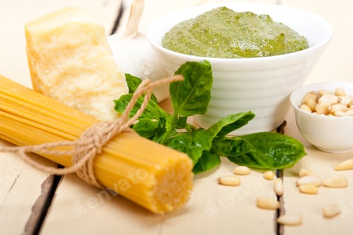 Preview: Italian traditional basil pesto pasta ingredients