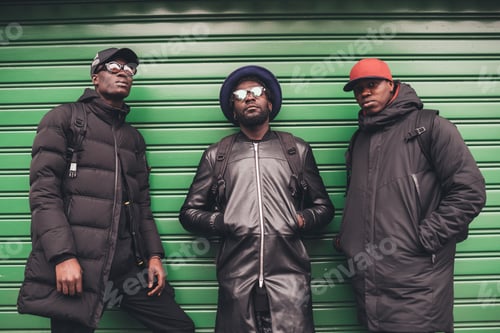 Preview: portrait of three young african men lean against rolling shutter