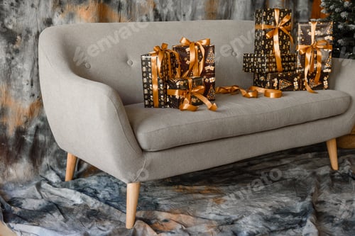 Preview: Beautiful Christmas festive interior in a country house on Christmas Eve