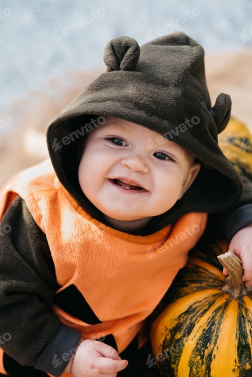 Preview: Baby Dressed as Pumpkin with Halloween Pumpkins