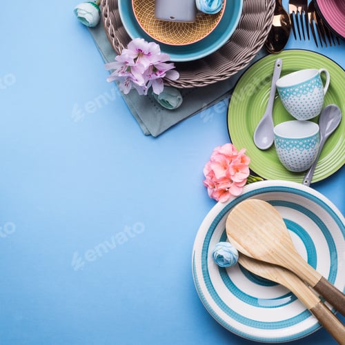 Preview: Tableware dish set on blue pastel background