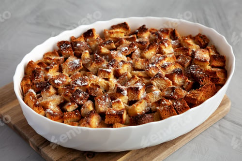 Preview: Homemade Bread Pudding in a Dish, side view.