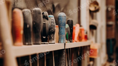 Preview: row of screwdrivers hanging from shelf in workshop
