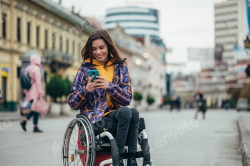Preview: Woman with disability using a smartphone while out in the city