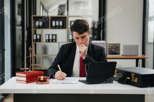Preview: Man lawyer working and gavel, tablet, laptop in front, Advice justice and law concept.