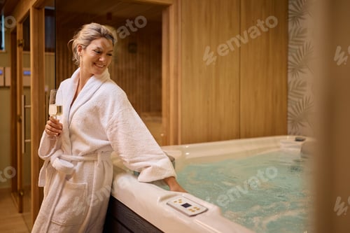 Preview: Happy woman in bathrobe drinking champagne at the spa.