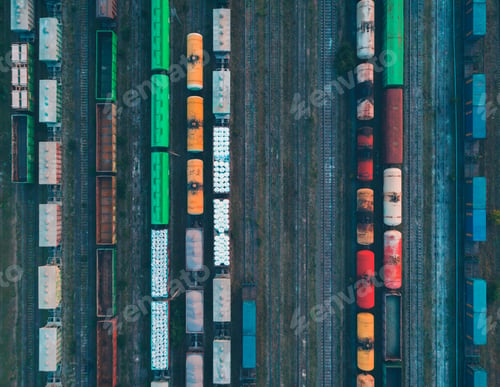 Preview: Aerial view of colorful freight trains