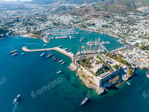 Preview: Aerial view of Bodrum on Turkish Riviera. View on Saint Peter Castle Bodrum castle and marina