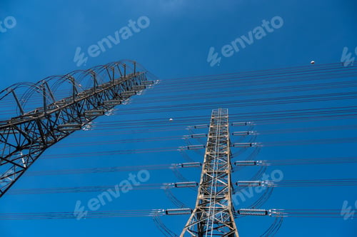 Preview: Closeup of communication and satellite tower with connecting wires transferring electricity