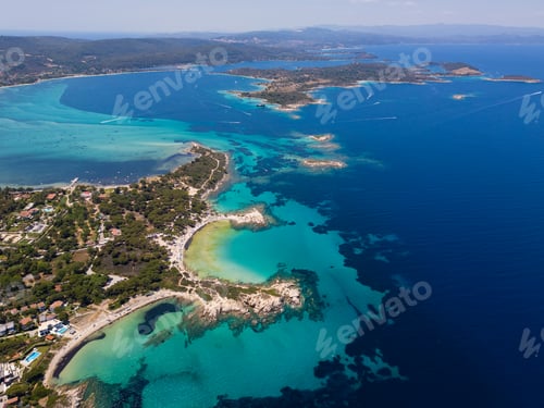 Preview: Aerial view of an island on Sithonia Peninsula, Greece, with beaches and rocks, surrounded by
