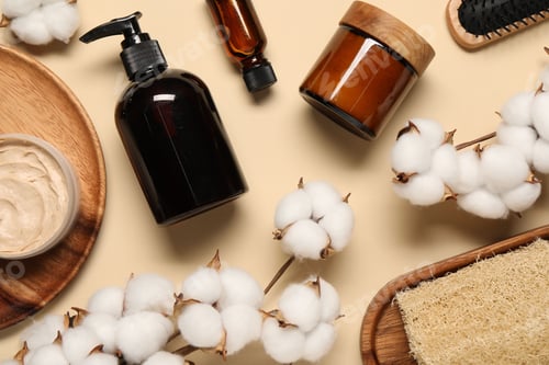 Preview: Bath accessories. Flat lay composition with personal care products on beige background