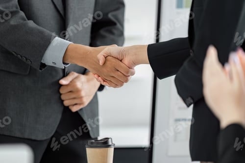 Preview: Diverse business professionals shaking hands to seal a deal in an office environment.