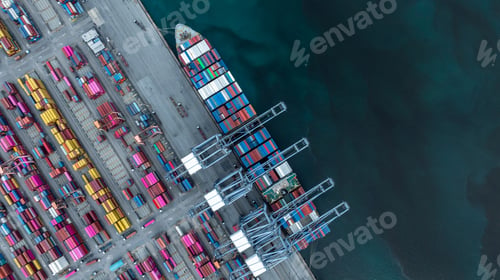 Preview: Aerial view container cargo ship at international port terminal with gantry crane, Global business