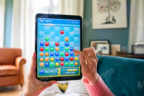 Preview: Close Up Of Woman Playing Game On Digital Tablet Lying On Sofa At Home