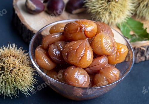 Preview: Chestnut dessert and chestnuts on a plate. chestnut candies (Kestane Sekeri)