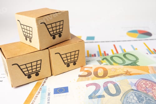 Preview: Shopping cart logo at box on graph background. Banking Account, Investment Analytic research data