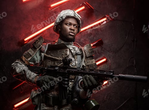 Preview: African military man with rifle against red background
