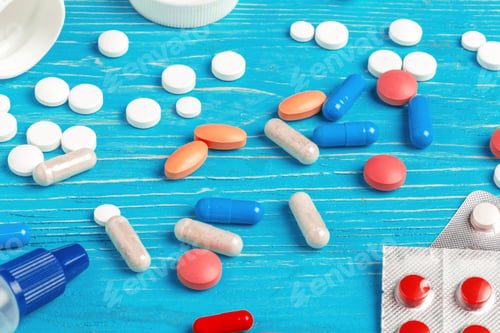 Preview: Many different pills on dark blue wooden background